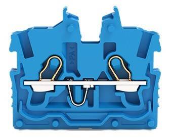 Blauer Elektro-Anschlussblock mit zwei Metallverbindern im Inneren, verwendet zum Sichern von Drähten in einer elektrischen Schaltung, von vorne betrachtet.