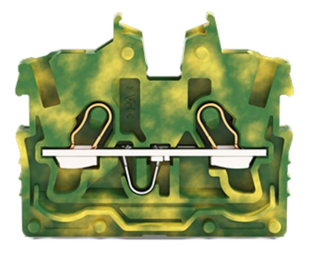 Ein grün-gelber Stromverteilerklemmenblock mit Drahtanschlüssen und einem sichtbaren Metallverbinder, der in elektrischen Verdrahtungsanlagen verwendet wird.