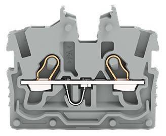 Ein grauer industrieller Elektroklemmenblock mit zwei Kupferleitern, die über eine zentrale Metallschiene für elektrische Verbindungen miteinander verbunden sind.