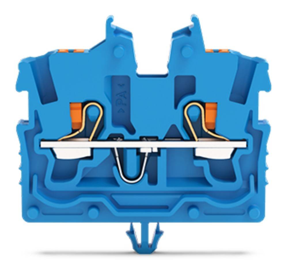 Ein blauer Elektro-Anschlussblock mit zwei internen Verbindungspunkten und orangefarbenen Hebeln zum Sichern der Drähte.