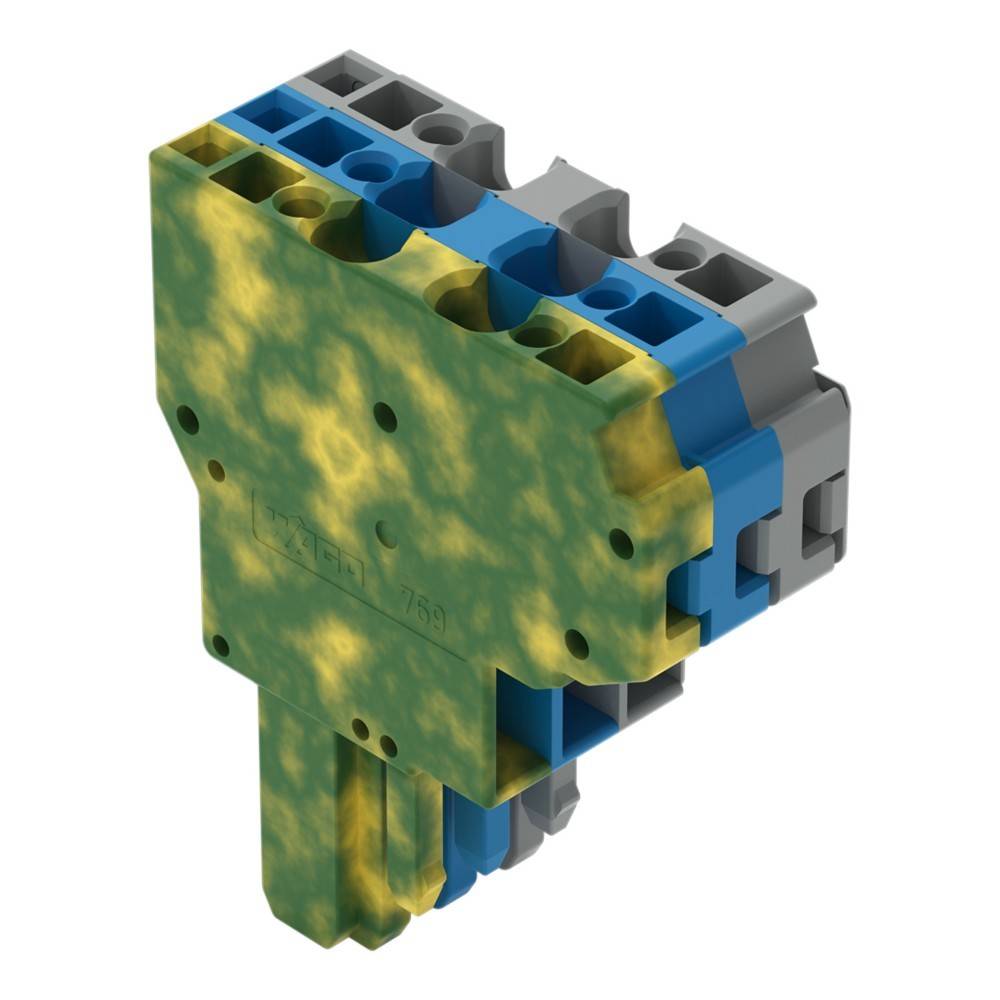 3D-Modell eines elektrischen Terminalblocks mit einem Tarnmuster in Grün und Gelb, ausgestattet mit blauen und grauen Anschlüssen.