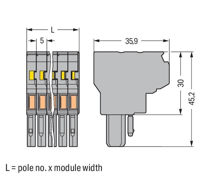 Schaltplan einer elektrischen Komponente mit Maßangaben; Breite 35,9 mm, Höhe 45,2 mm, mit Polanzahl und Modulbreite beschriftet.