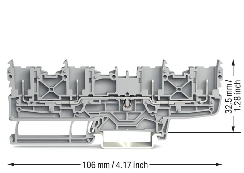 Ein Querschnitt eines mechanischen Bauteils, der eine komplexe Innenstruktur mit einem hervorgehobenen zentralen Bereich zeigt. Die Breite ist mit 106 mm / 4,17 Zoll beschriftet.
