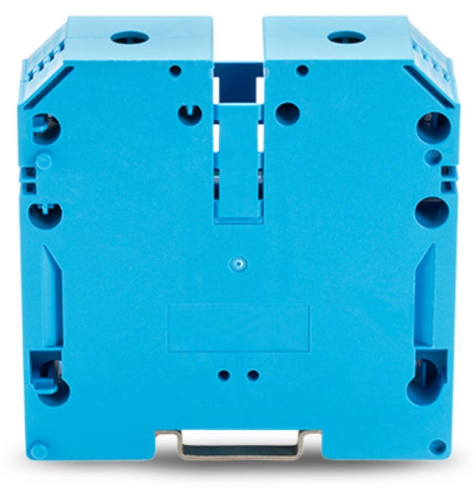 Eine blaue elektrische Komponente mit mehreren Löchern, möglicherweise ein Klemmenblock oder DIN-Schienen-Zubehör, von vorne betrachtet, die Oberflächendetails zeigend.