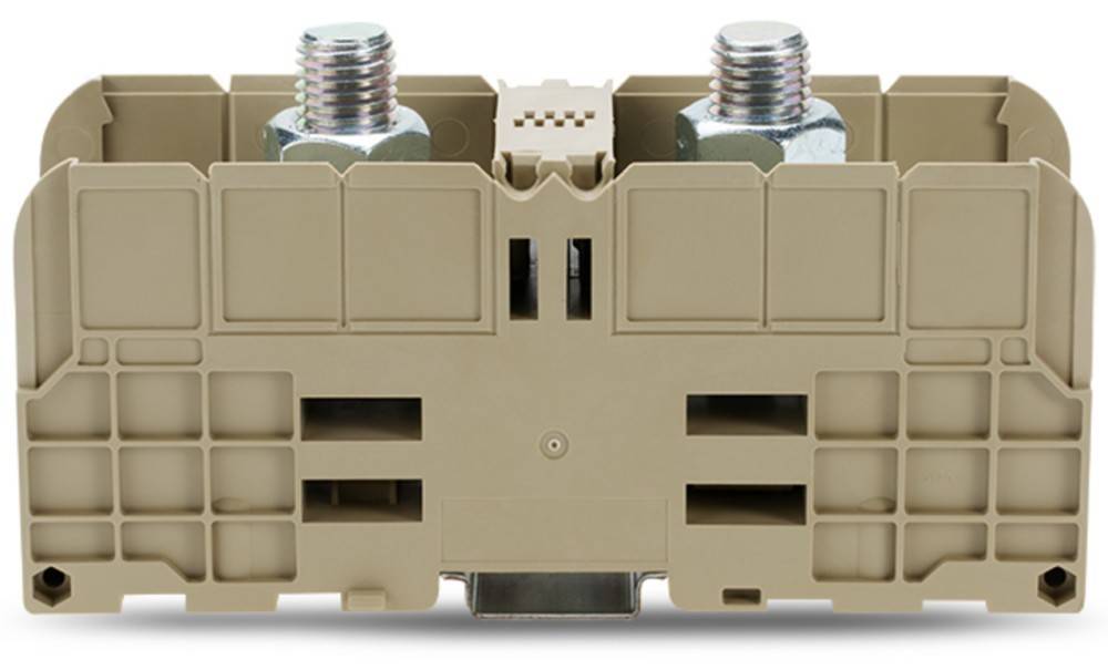 „Nahaufnahme eines beigen Reihenklemmenblocks mit zwei metallischen Schraubklemmen, verwendet zur Verbindung von elektrischen Leitungen, vor einem weißen Hintergrund.