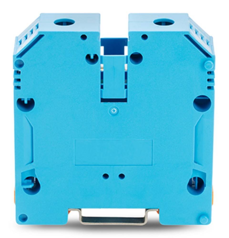 Eine blaue elektrische Relais, von hinten betrachtet, mit Anschlusslöchern und einer Montagebasis. Geeignet für Steuerungssysteme in der Automatisierung.