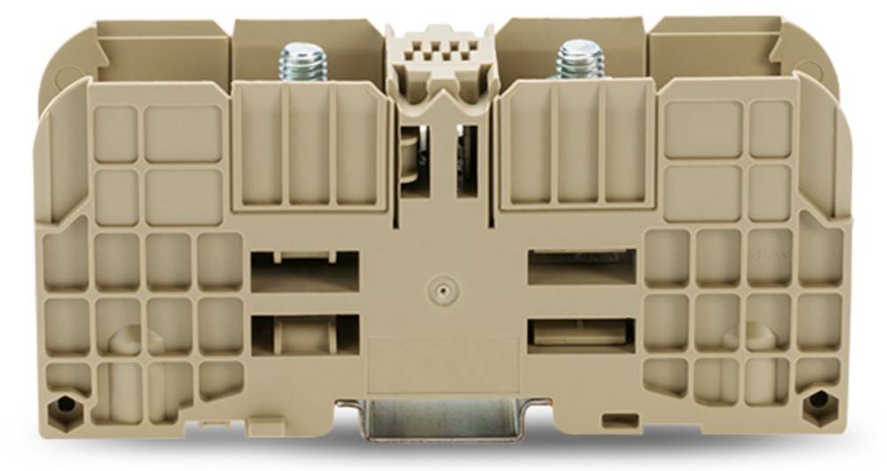 Eine Nahaufnahme eines beigen elektrischen Anschlusskastens, der Anschlusspunkte und Schraubklemmen zeigt.