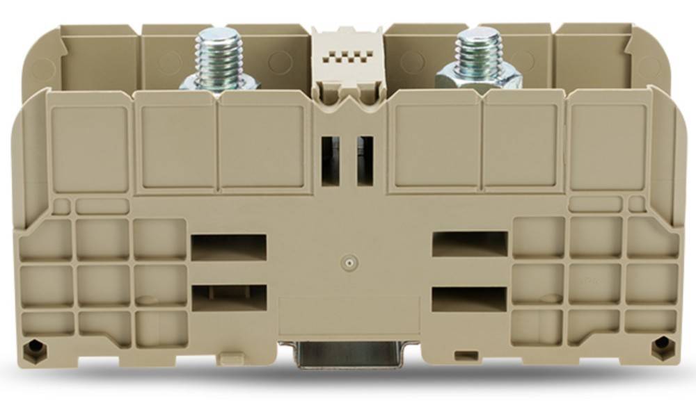 Eine Nahaufnahme eines beigen Elektro-Anschlussblocks mit zwei metallischen Schraubanschlüssen an der Oberseite.