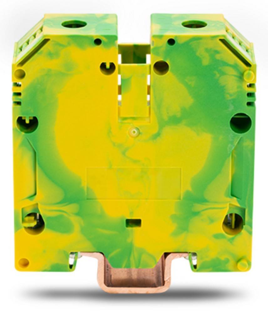 Eine Kunststoffkomponente für industrielle Elektrik in Grün und Gelb, entwickelt zum Anbringen auf einer Hutschiene, verwendet in Stromschutz- oder Verteilungssystemen.