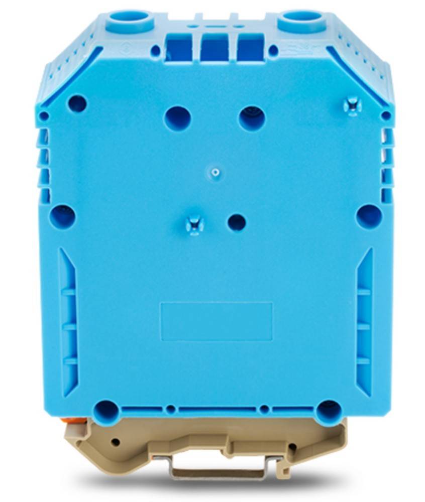 Eine blaue Kunststoff-Elektronikkomponente mit einer Reihe von kreisförmigen Löchern und Schlitzen, die auf einer beigen Basis montiert ist und wahrscheinlich in elektronischen Baugruppen verwendet wird.
