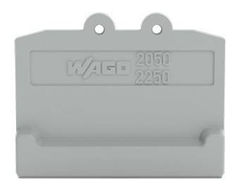 Eine graue Plastikkomponente mit dem Text 'WAGO 2050 2250', der in ihre Oberfläche eingeprägt ist, mit zwei Löchern zur Befestigung.