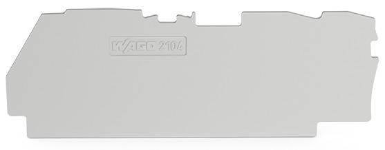 Ein grauer WAGO 2104 Steckverbinder, rechteckig in Form, der für elektrische Verbindungen verwendet wird, ist vor einem weißen Hintergrund abgebildet.