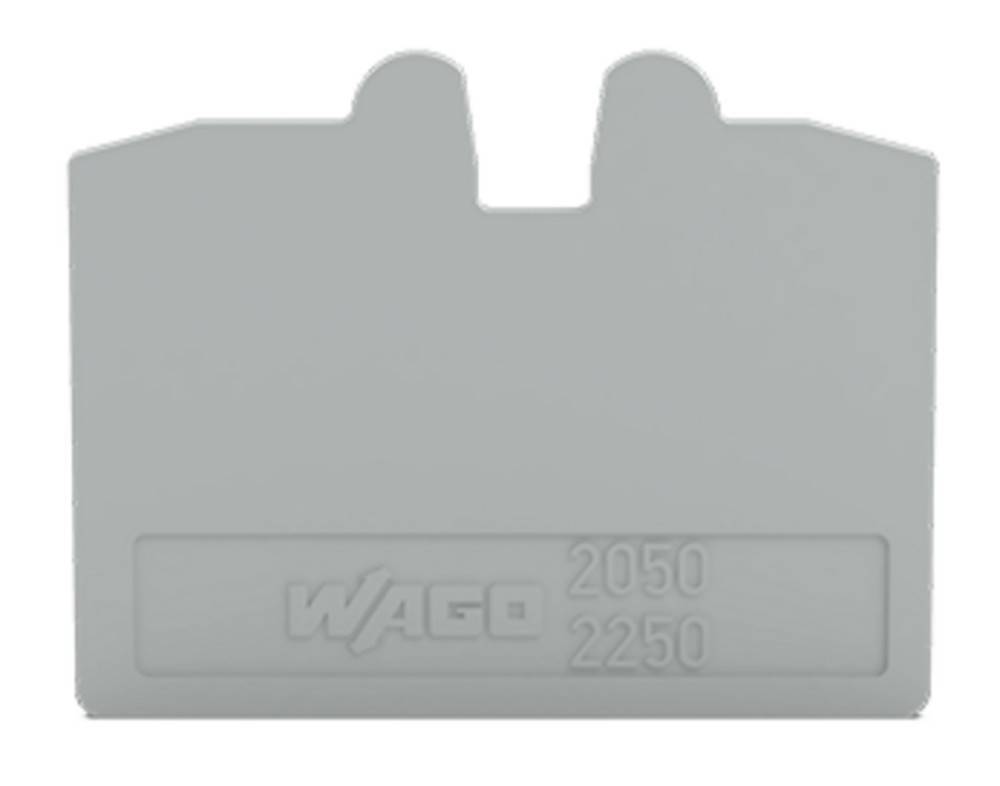Grauer Kunststoff-Trennstreifen mit geprägtem Text 'WAGO 2050' und '2250', verwendet zum Trennen von elektrischen Anschlussklemmen.