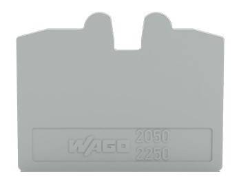 Eine graue Endplatte für Anschlussblöcke mit eingravierter Aufschrift 'WAGO 2050 2250', die die Kompatibilität mit bestimmten elektronischen Komponenten anzeigt.