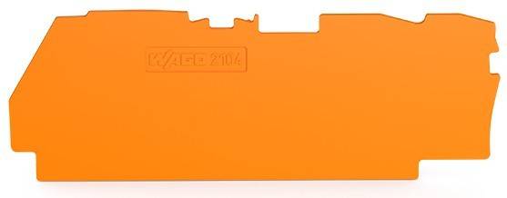 Ein orangefarbenes Plastikbauteil mit ausgeschnittenen Formen und dem Text ‚WAGO 2104', der in seine Oberfläche eingeprägt ist.