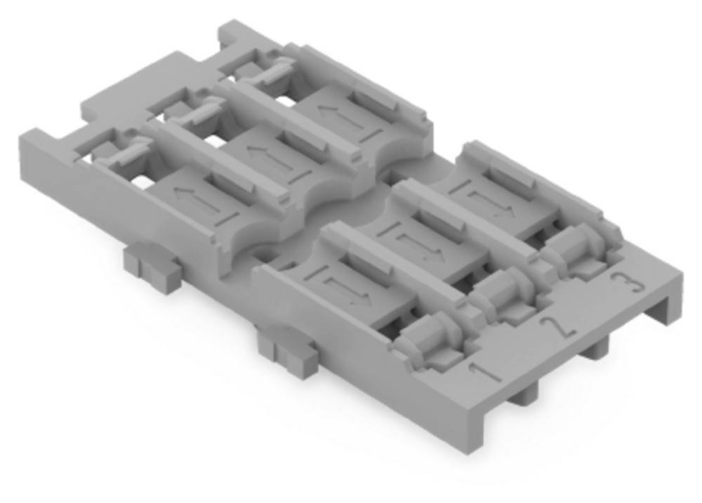 Graue Kunststoffkomponente mit mehreren Schlitzen und Pfeilen; höchstwahrscheinlich ein Verbinder oder Halter für eine elektronische oder mechanische Montage.