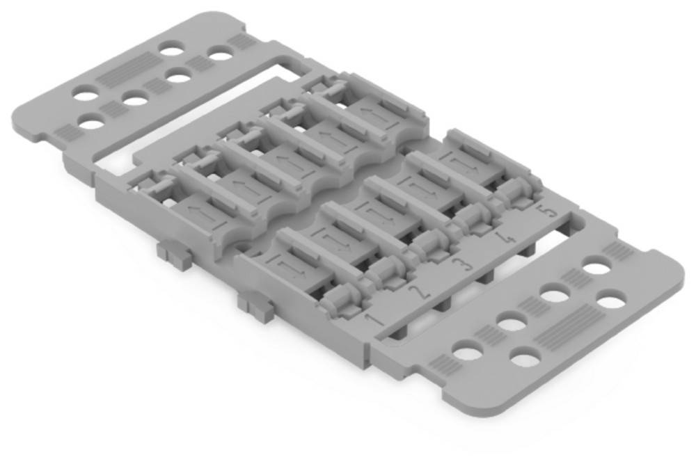 Graue Kunststoffkomponente mit fünf Reihen rechteckiger Schlitze und kreisförmiger Öffnungen an den Seiten, möglicherweise für elektronische oder mechanische Montage.