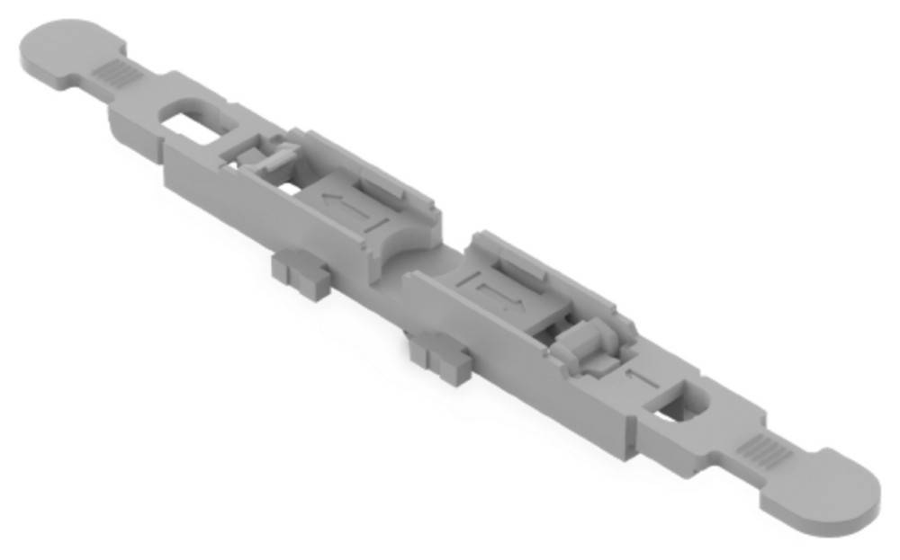 Ein graues, rechteckiges mechanisches Bauteil mit verschiedenen Vorsprüngen und Vertiefungen, das einem Schienen- oder Gleisabschnitt ähnelt.