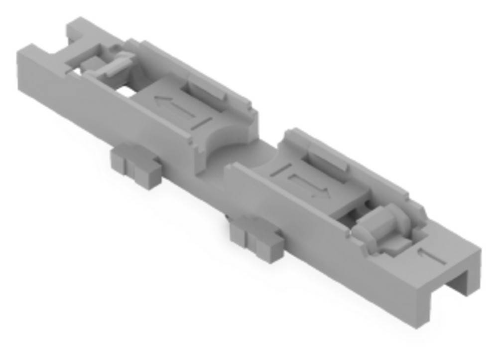 Ein 3D-Modell einer grauen mechanischen Komponente mit Pfeilen, die die Montage- oder Strömungsrichtung über ihre Struktur hinweg anzeigen.
