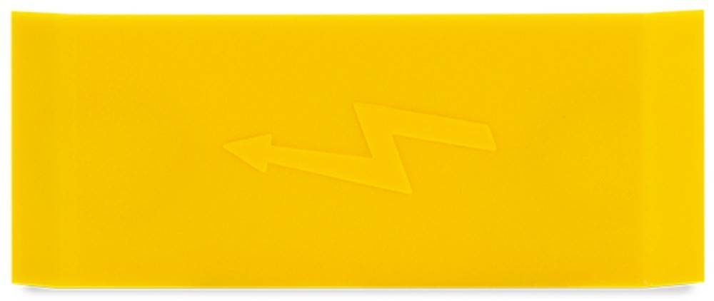 Ein gelber Hintergrund zeigt einen geprägten, zackigen Blitz, der nach links zeigt und Energie oder Elektrizität symbolisiert.