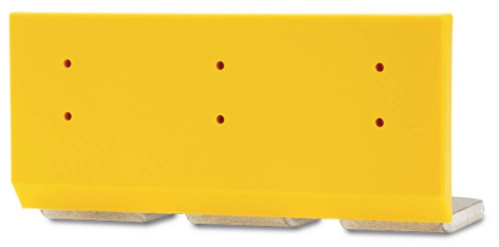 Das Bild zeigt eine gelbe Wandtafel mit zwei kleinen horizontal gebohrten Löchern. Unterhalb der Tafel ist der Rand von grauen Betonblöcken zu sehen.