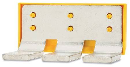 Metallhalterung mit gelben Kunststoffstiften und Haken zum Aufhängen oder Sichern von Gegenständen. Nahaufnahme, die das funktionale Design zeigt.