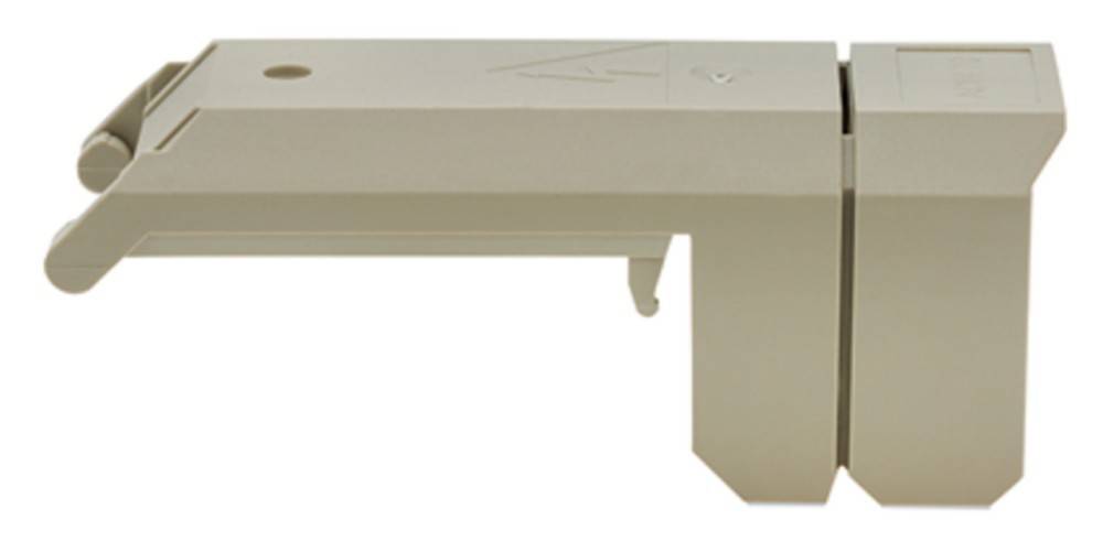 Ein beige, rechteckiges Objekt mit einem ausgeschnittenen Ausschnitt und einem Loch, möglicherweise Teil eines größeren Mechanismus oder Werkzeugs. Dessen Zweck ist nicht klar.