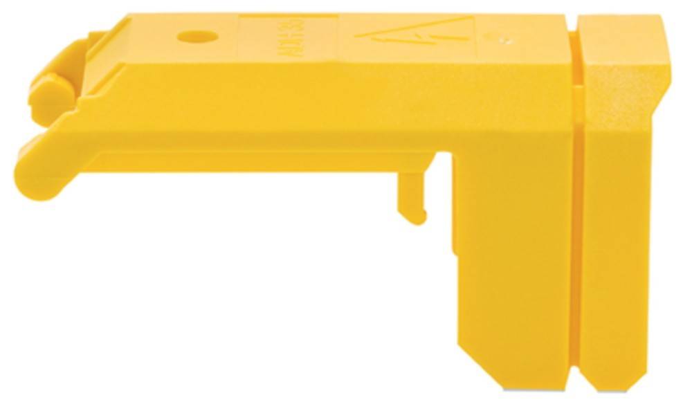 Ein gelbes Plastikwerkzeug mit einem Haken- und Pfeilsymbol oben, das möglicherweise auf eine bestimmte Funktion oder Gebrauchsrichtung hinweist.