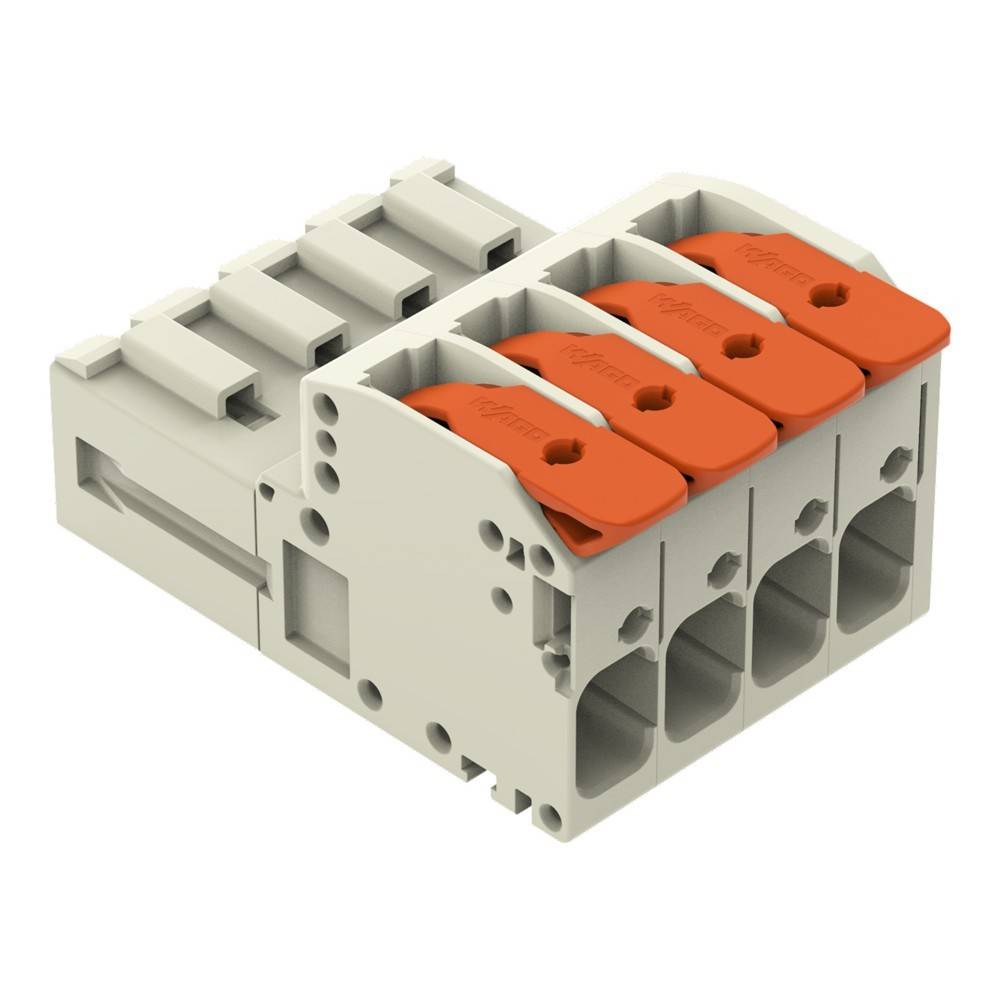 Ein weißer und orangefarbener elektrischer Anschlussblock mit vier Eingangssteckplätzen, der für den Drahtanschluss in elektronischen Schaltkreisen konzipiert ist.