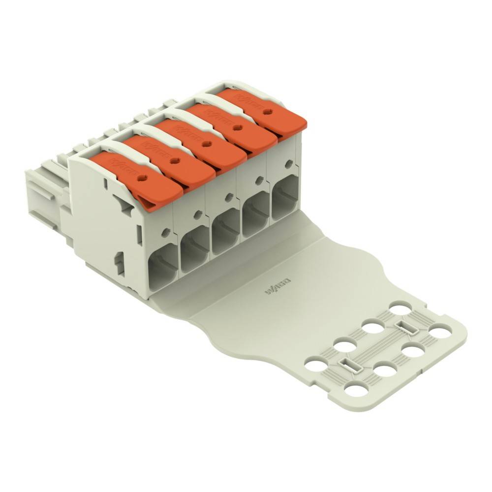 Weißer elektrischer Drahtverbinderblock mit vier orangefarbenen Hebeln und einer Montageplatte mit Löchern auf einfarbigem Hintergrund.