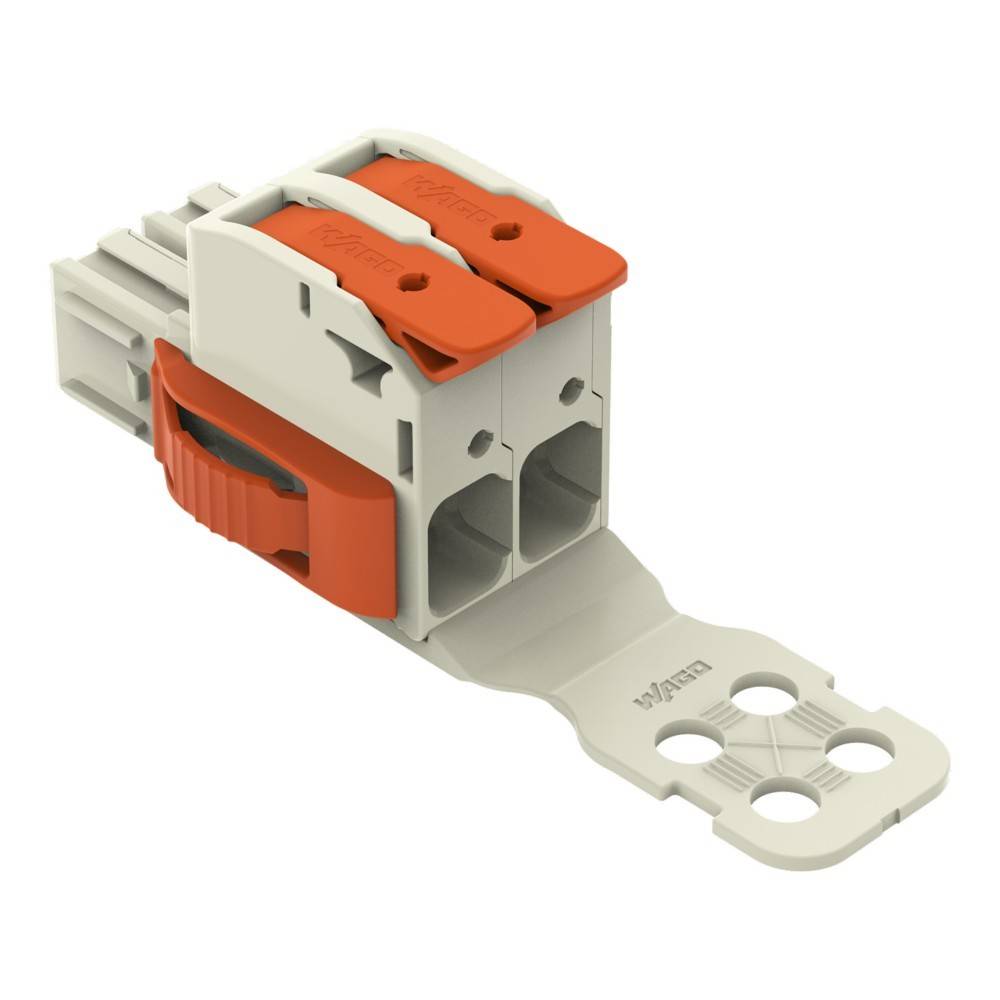 Ein WAGO Hebel-Verbindungsstecker mit zwei orangefarbenen Hebeln und Befestigungslöchern, der zur effizienten Sicherung von elektrischen Leitungen verwendet wird.