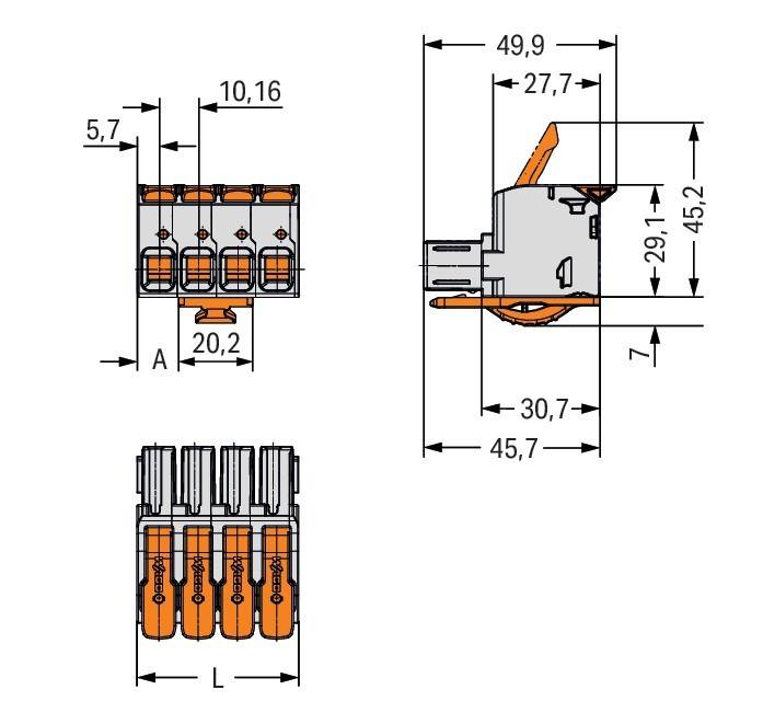 Diagramm eines Anschlusses mit Abmessungen: 49,9 mm Breite, 45,2 mm Höhe, 10,16 mm Tiefe. Zeigt Seitenansicht und Grundriss mit beschrifteten Maßen.