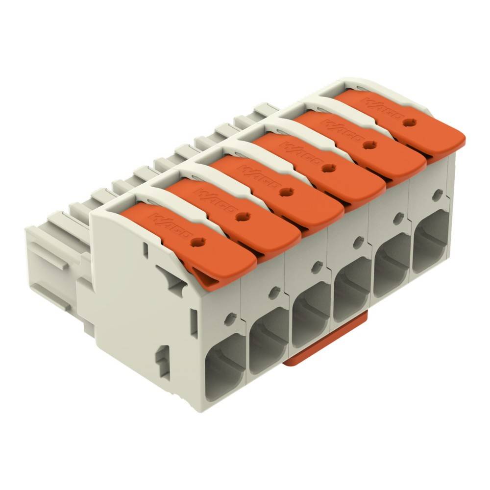 Ein grau und orange Elektroverbinder-Block mit sechs Steckplätzen, der zum Befestigen von elektrischen Kabeln dient, auf einem weißen Hintergrund.