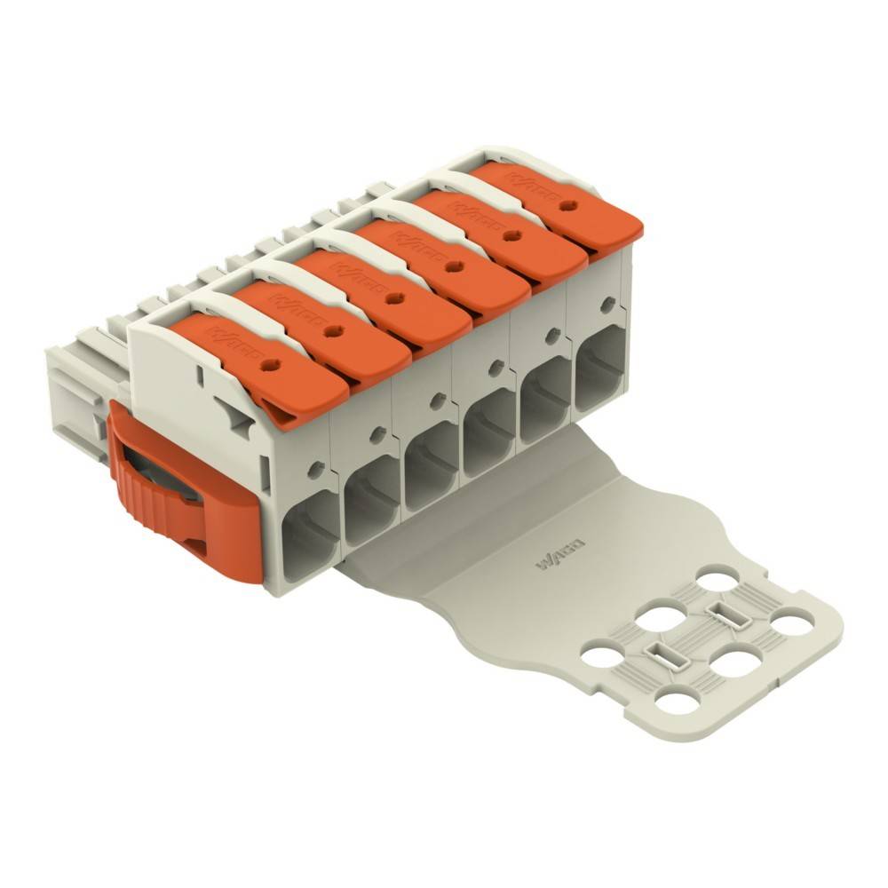 Ein modularer elektrischer Anschlussblock mit sechs hebelbetätigten Anschlüssen, der für einfaches Anschließen und Trennen von Leitungen konzipiert ist.
