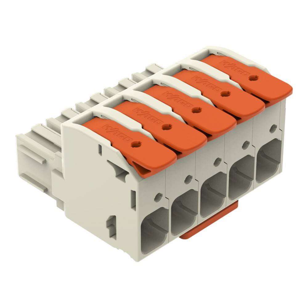 Ein elektrischer Klemmenblock mit fünf orangefarbenen Hebeln, der zum Verbinden mehrerer Drähte verwendet wird, auf einem weißen Hintergrund.
