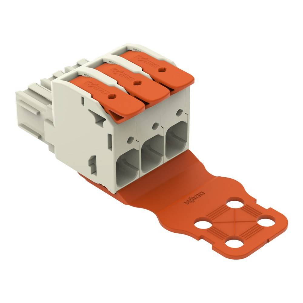 Dreislot-Elektroverbinder mit roten Hebeln an der Oberseite, zum Sichern von Kabeln verwendet.