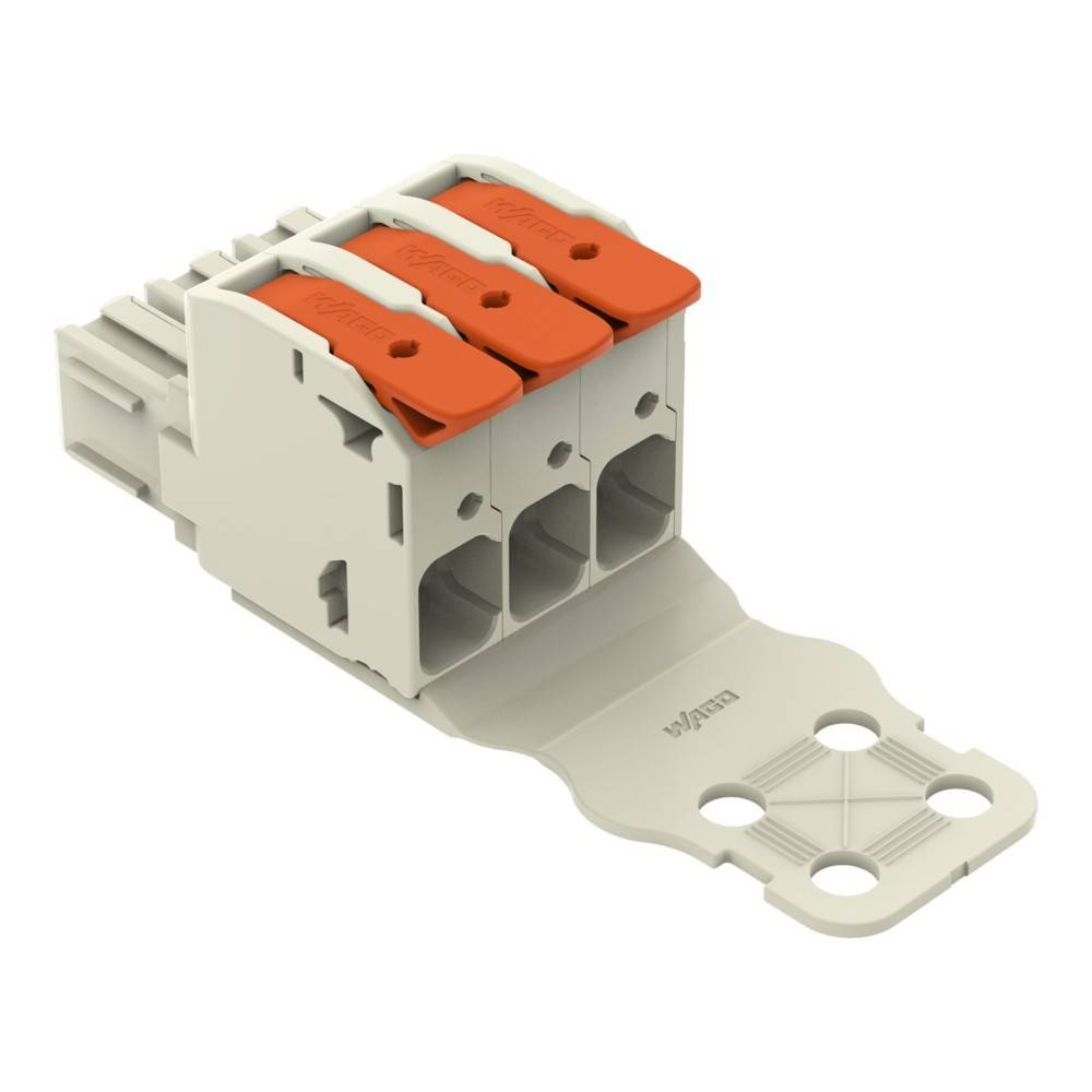 Ein drei-poliger elektrischer Anschluss mit orangefarbenen Hebeln, entwickelt für Verkabelungsanwendungen, dargestellt aus einem Winkel.