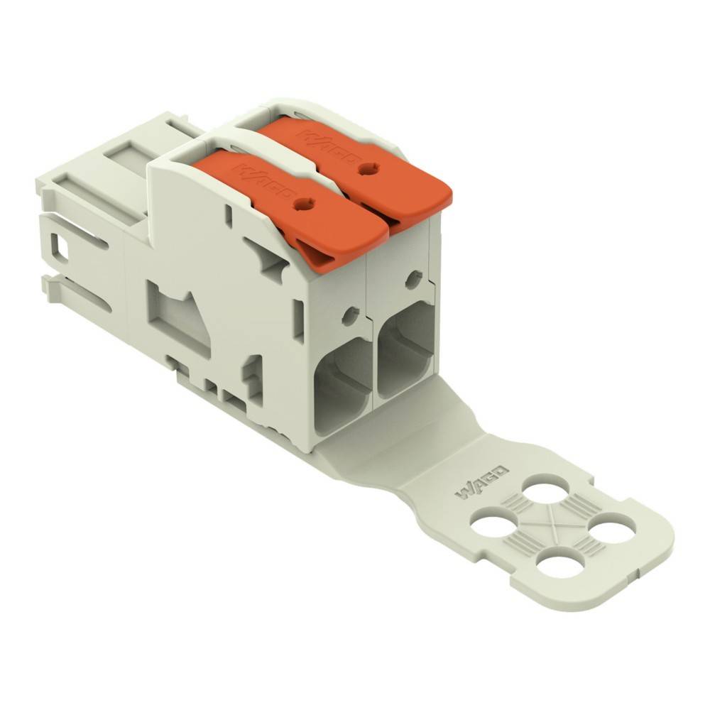 Weißer Elektroklemmenblock mit zwei orangefarbenen Hebeln und einer Montagelaschen, auf einfachem Hintergrund dargestellt.