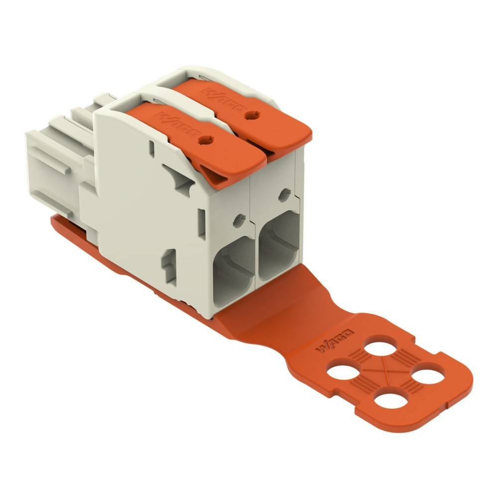 Ein weiß-orangefarbener elektrischer Steckverbinder mit zwei Schlitzen und einer flachen Basis, der zur Sicherung von Kabelverbindungen in elektrischen Installationen verwendet wird.
