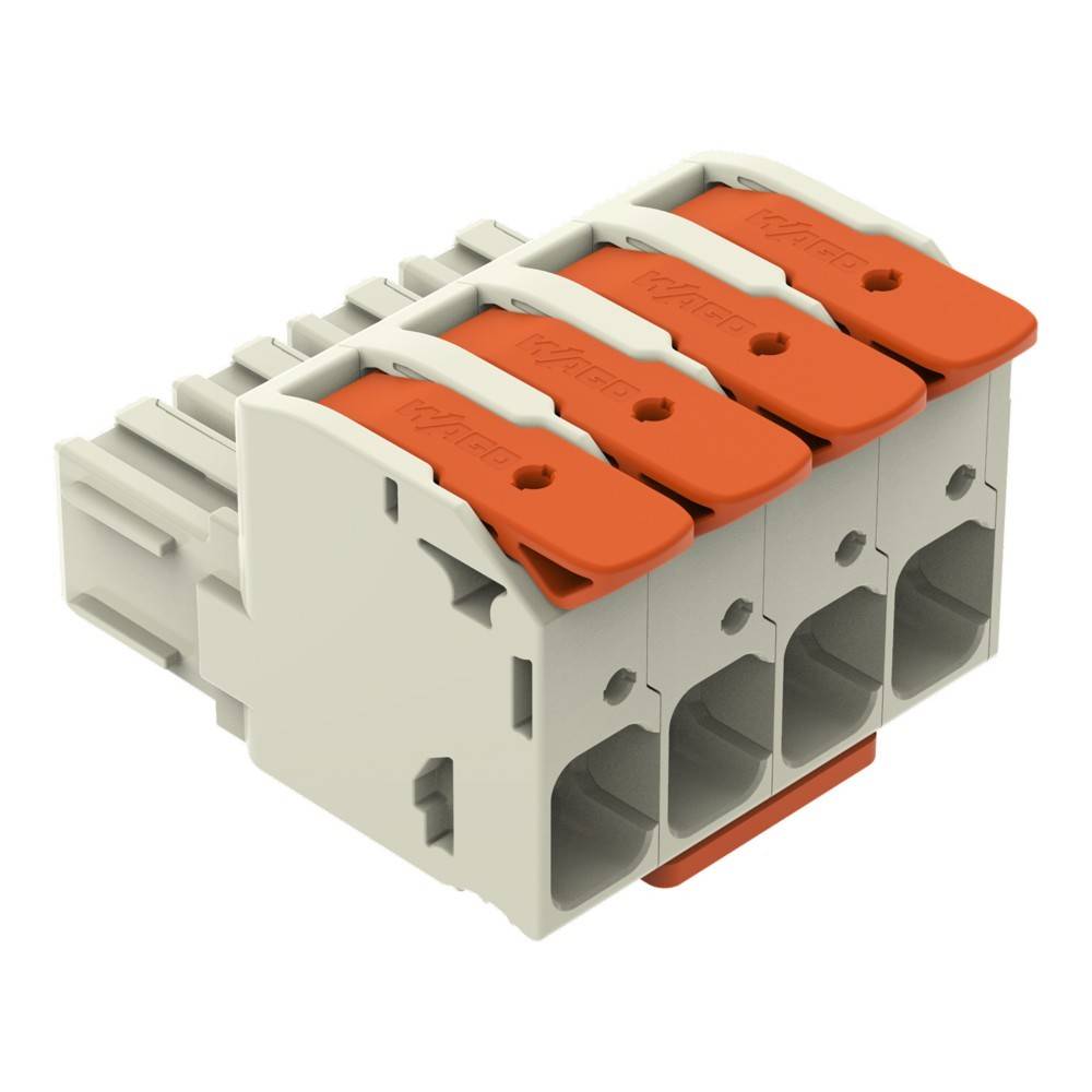 Ein vierpoliger elektrischer Steckverbinder mit orangefarbenen Hebeln, die mit 