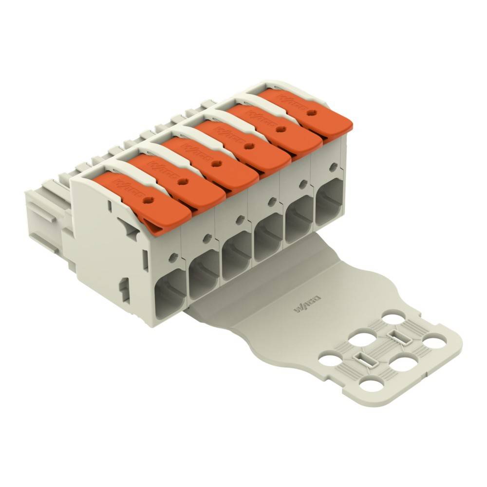 Ein sechspoliger Push-Wire-Elektroverbinder mit orangen Hebeln, mit der Markenbezeichnung 'WAGO', der für sichere elektrische Drahtverbindungen verwendet wird.