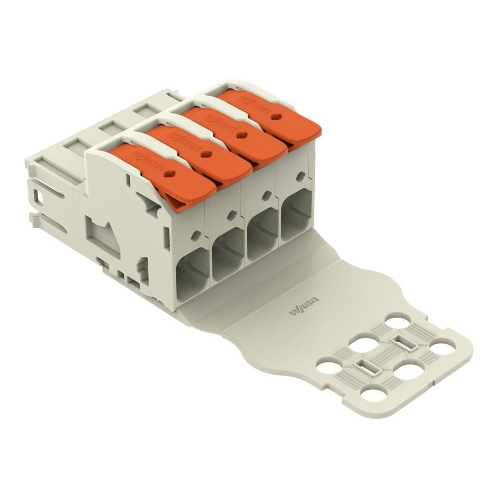 Ein kleiner, rechteckiger elektrischer Steckverbinder mit vier Schlitzen, deren jeder mit einem orangefarbenen Hebel zur Drahteinführung versehen ist.