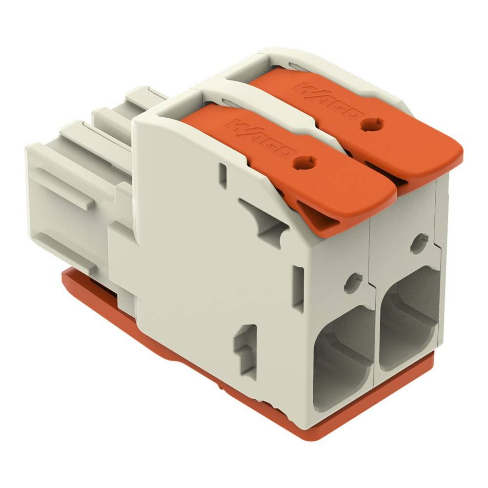 Ein Zweihebel-, Zwei-Port-Elektroverbinder mit weißem Gehäuse und orangefarbenen Hebeln, verwendet zum Sichern und Verbinden von elektrischen Leitungen.