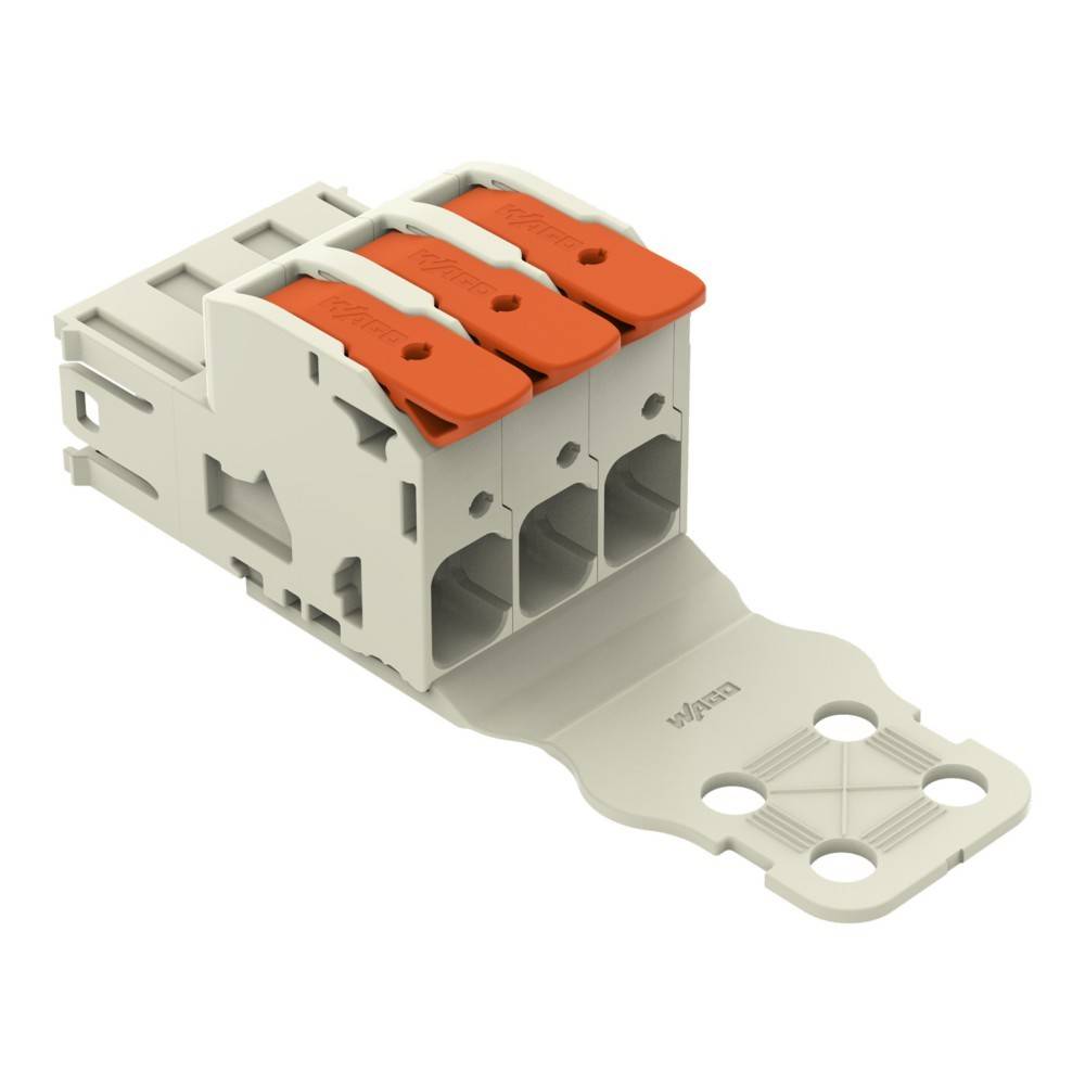 Ein Drei-Port-Elektroanschluss mit Hebelvorrichtungen zur Drahteinführung, ausgestattet mit einer weißen Grundplatte und orangefarbenen Hebeln, der für elektrische Verdrahtungen verwendet wird.