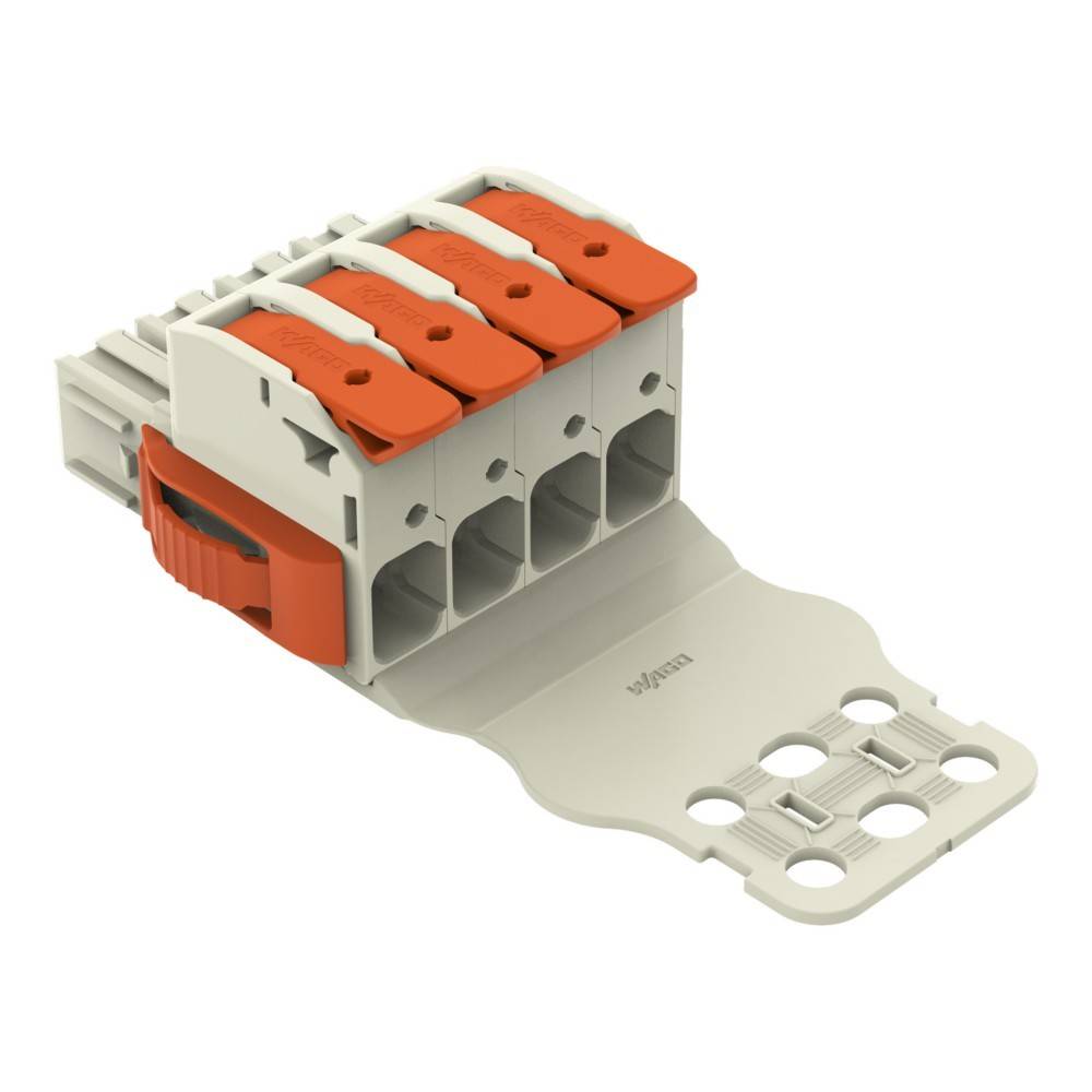 Ein elektrischer Anschluss mit mehreren Steckplätzen und orangefarbenen Hebeln zum Sichern von Drähten, konzipiert für einfache Installation und zuverlässige Verbindung.