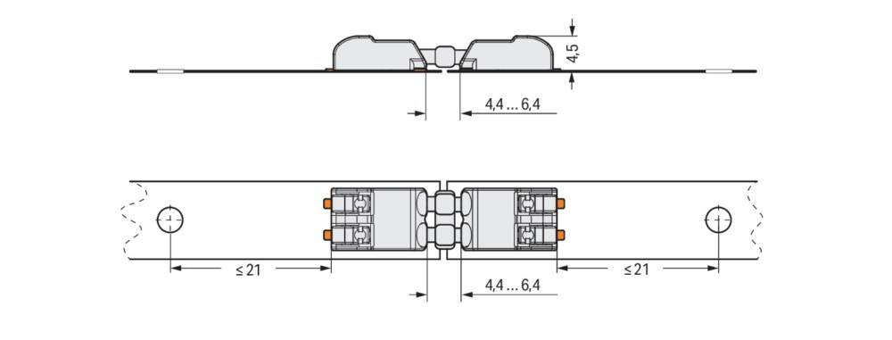 Schnittansicht eines Diagramms von zwei mechanischen Teilen, die miteinander verbunden sind und Messungen von 4,5 Höhe und 4,4 bis 6,4 Breite zeigen, mit ineinandergreifenden Komponenten.