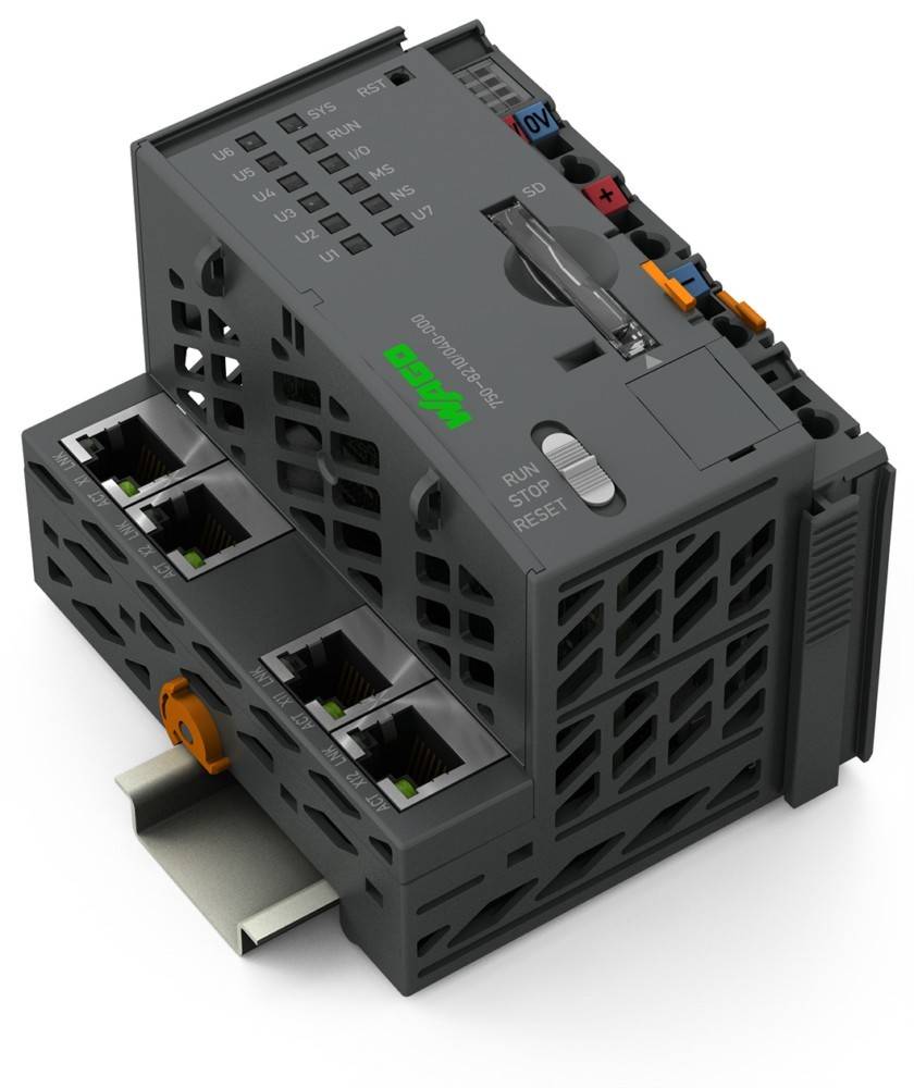 Ein digitales Ein-/Ausgabemodul mit mehreren Netzwerkports und Indikatorleuchten für industrielle Automatisierung, ausgestattet mit Rücksetungs- und Betriebssteuerungen.