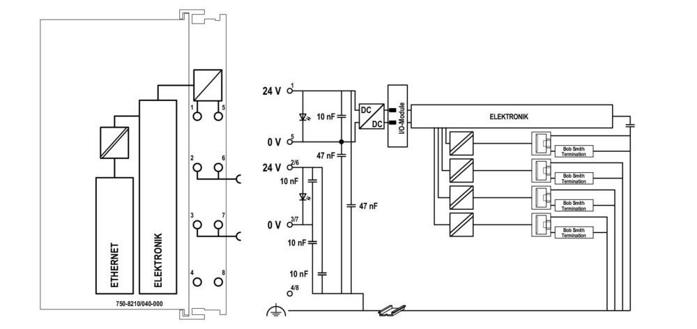 Das Bild zeigt ein elektrisches Schaltungsdiagramm mit Symbolen für Schalter, Kondensatoren und einem beschrifteten IO-Modul. Spannungen von 24V und 0V sind angegeben.