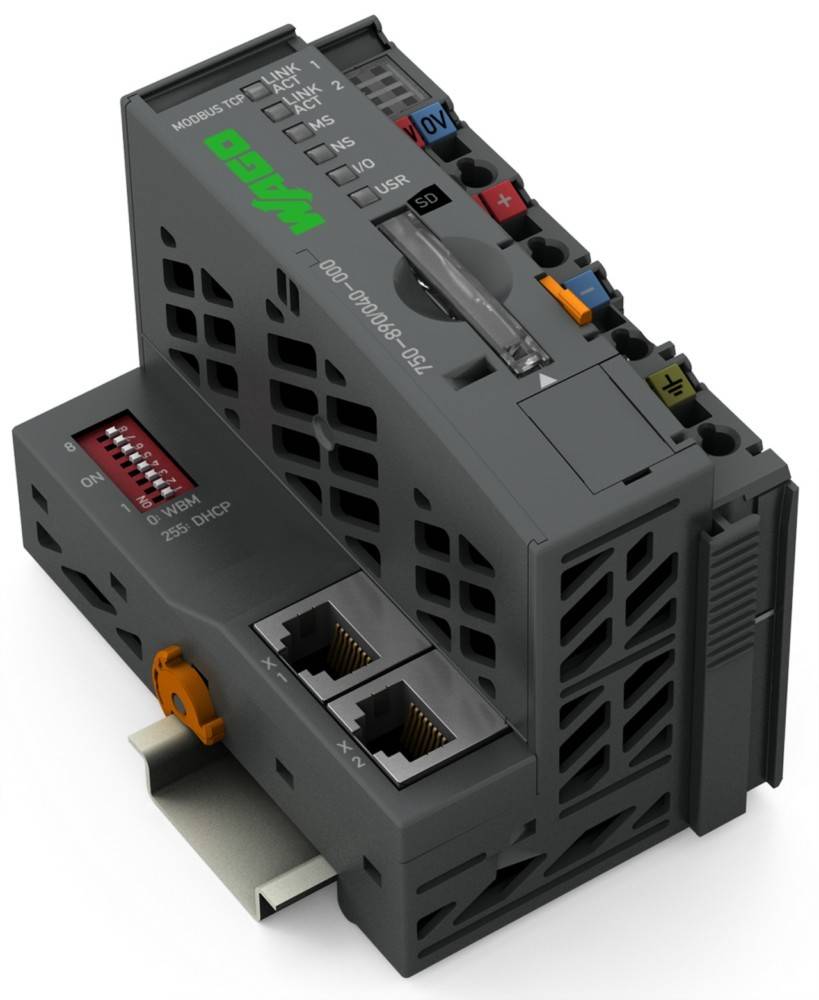 Industrielles programmierbares Steuerungsmodul (SPS) mit verschiedenen Anschlüssen, Schaltern und LED-Anzeigen für Automatisierungszwecke.