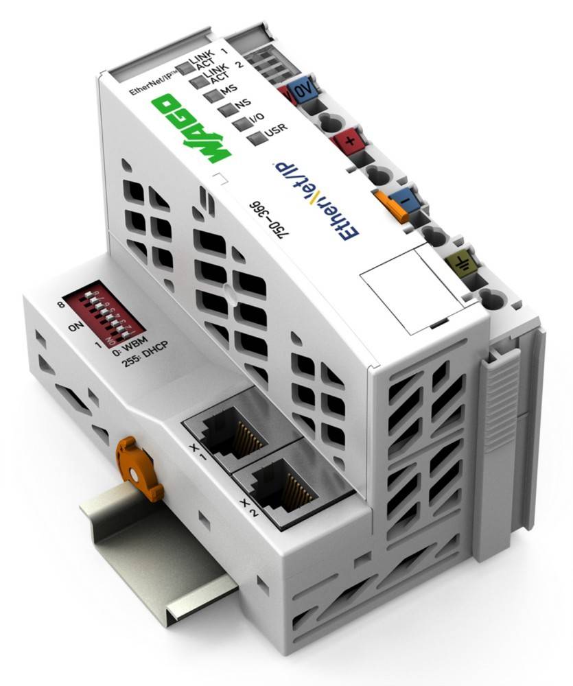 Netzwerkmodul für industrielle Automatisierung mit Ethernet/IP-Konnektivität, zwei Ethernet-Ports und beschrifteten Anschlussklemmen.